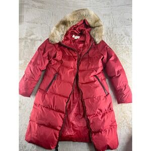 Michael Kors Women Red Fur Trim Detachable Hooded Down Puffer Coat Parka Medium